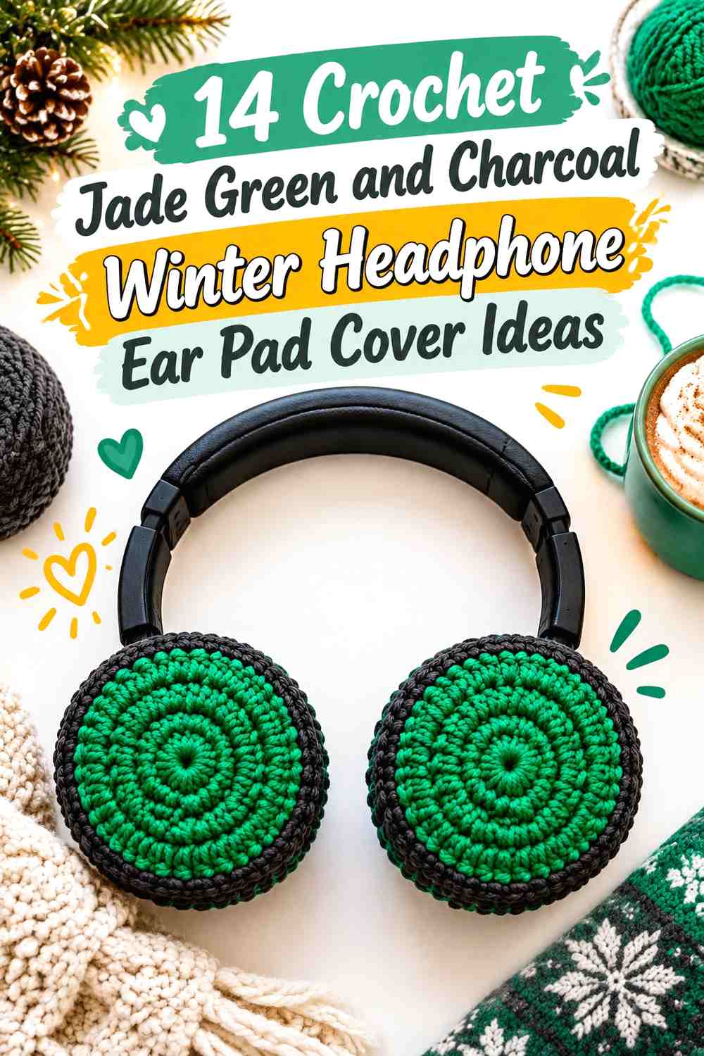 Crochet Jade Green and Charcoal Winter Headphone Ear Pad Cover Ideas
