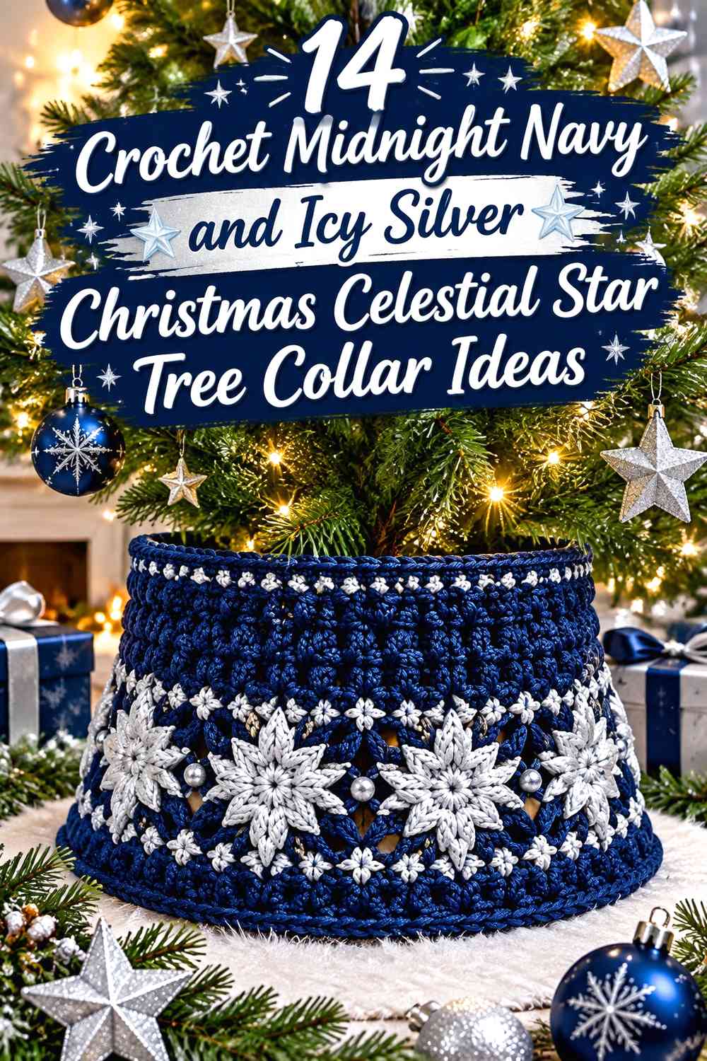 Crochet Midnight Navy and Icy Silver Christmas Celestial Star Tree Collar Ideas