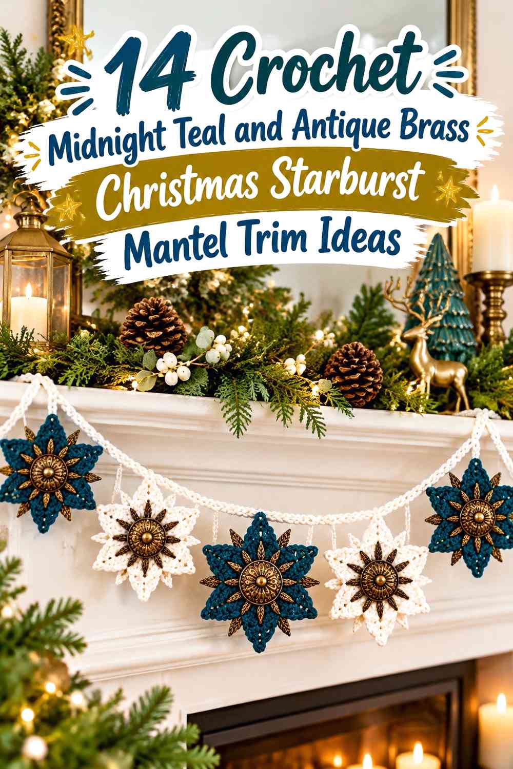Crochet Midnight Teal and Antique Brass Christmas Starburst Mantel Trim Ideas
