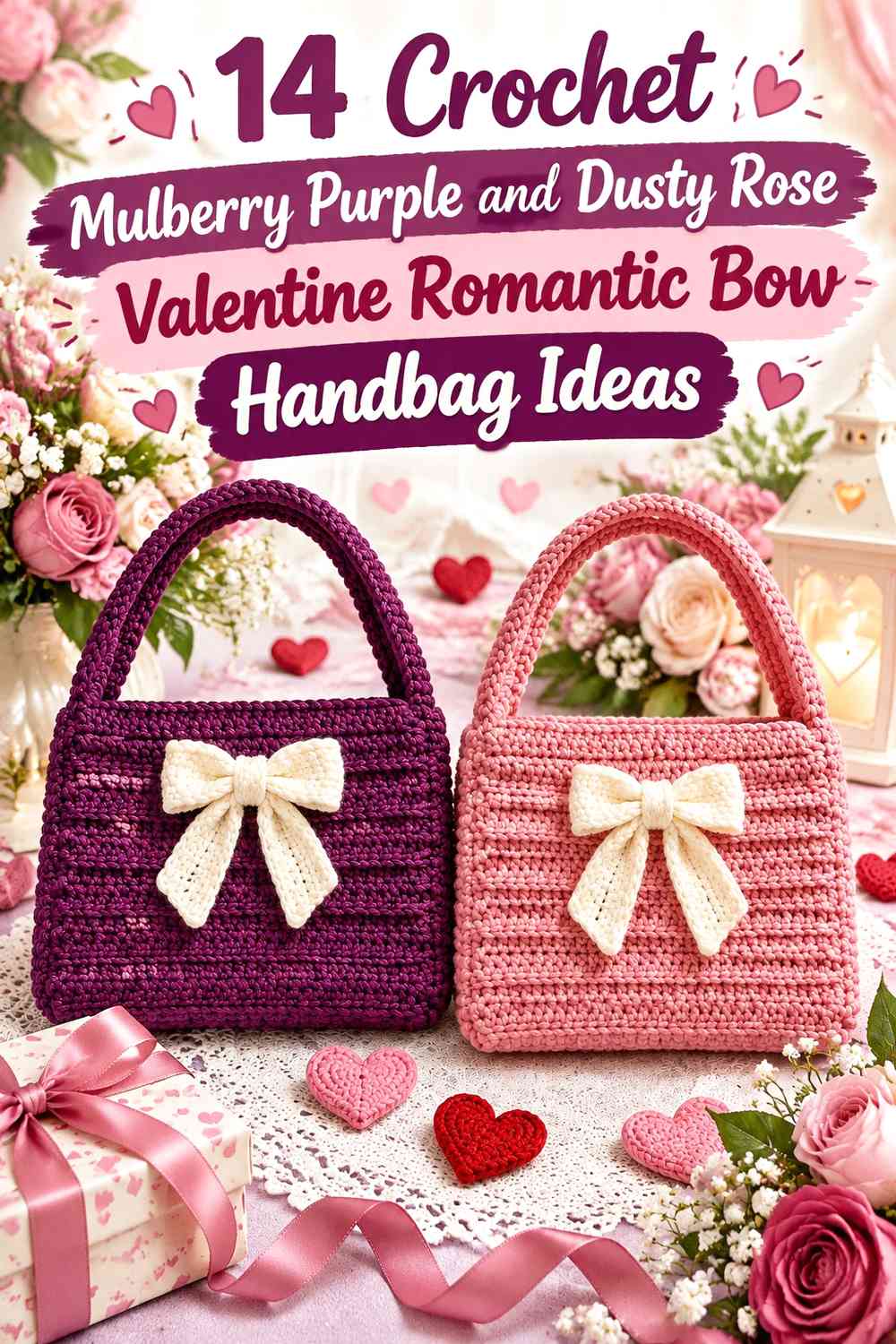 Crochet Mulberry Purple and Dusty Rose Valentine Romantic Bow Handbag Ideas