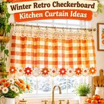 Crochet Persimmon and Buttercream Winter Retro Checkerboard Kitchen Curtain Ideas