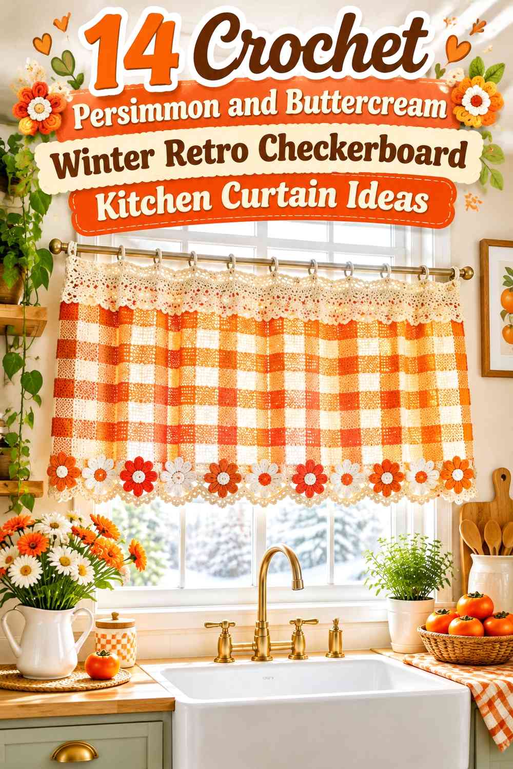 Crochet Persimmon and Buttercream Winter Retro Checkerboard Kitchen Curtain Ideas
