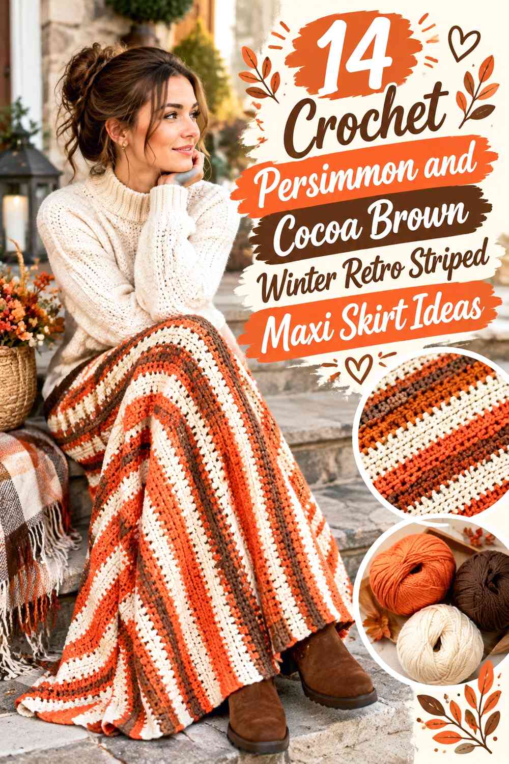 Crochet Persimmon and Cocoa Brown Winter Retro Striped Maxi Skirt Ideas