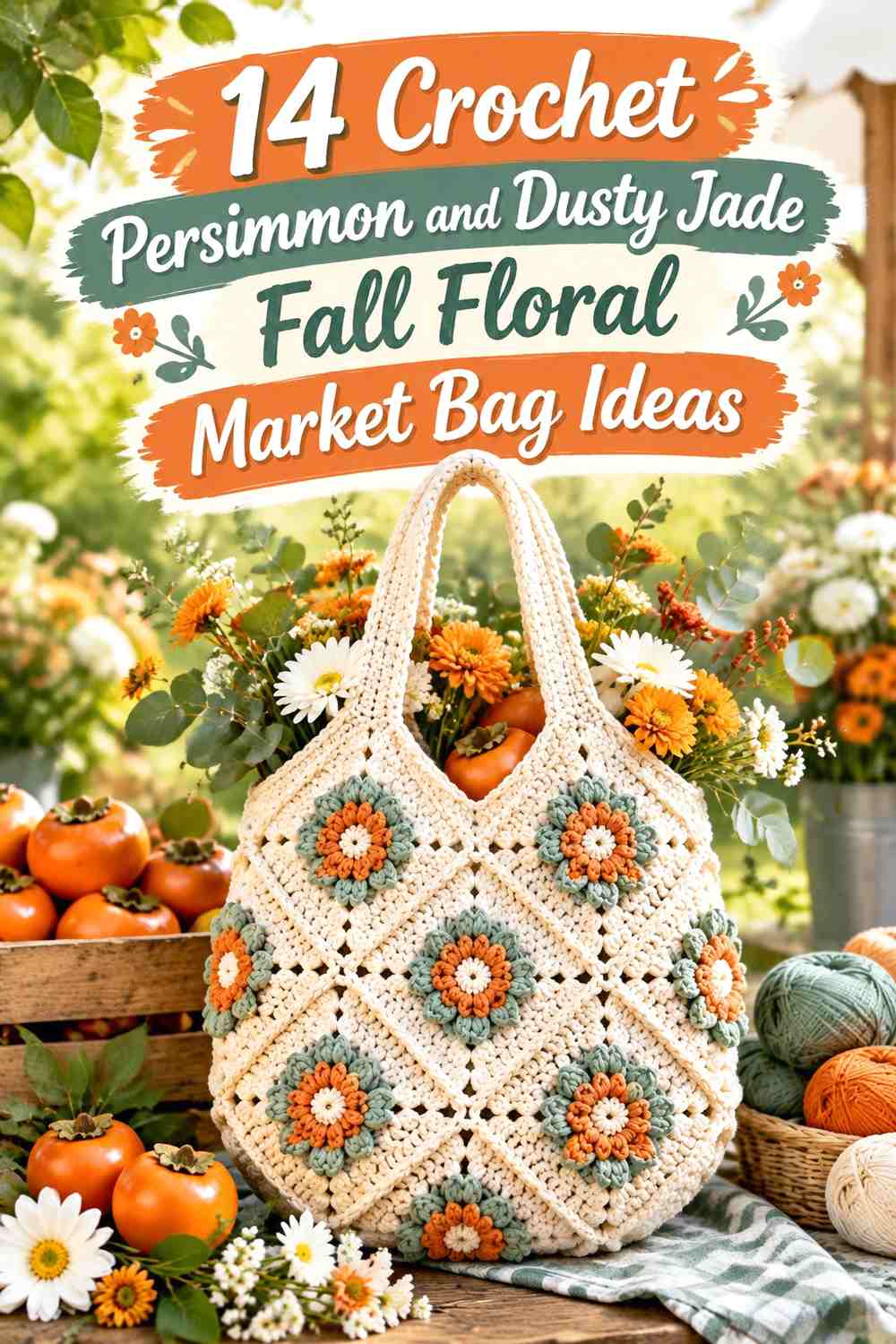 Crochet Persimmon and Dusty Jade Fall Floral Market Bag Ideas