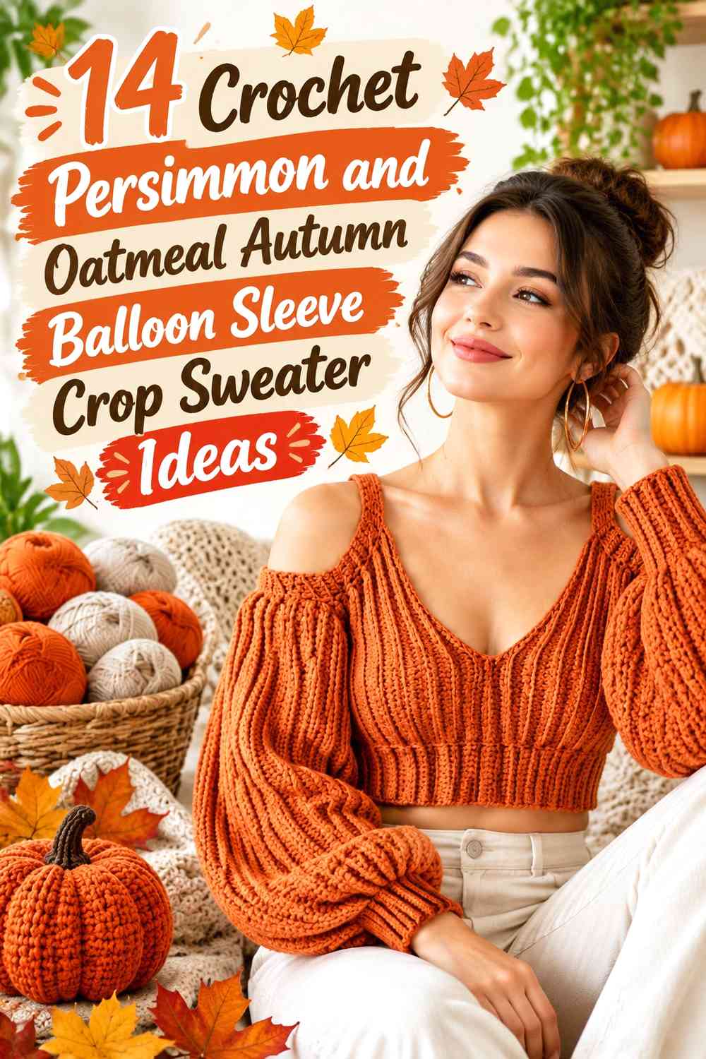 Crochet Persimmon and Oatmeal Autumn Balloon Sleeve Crop Sweater Ideas