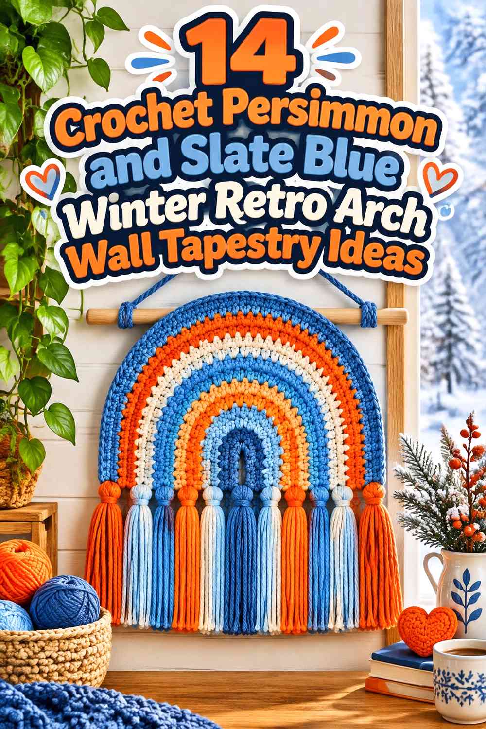 Crochet Persimmon and Slate Blue Winter Retro Arch Wall Tapestry Ideas