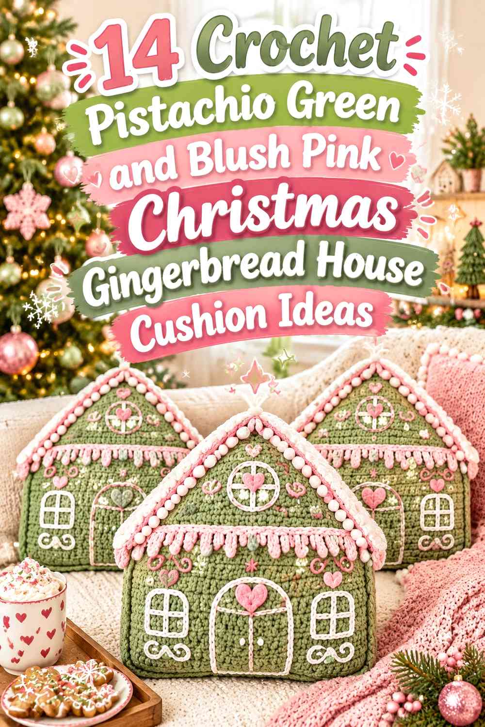 Crochet Pistachio Green and Blush Pink Christmas Gingerbread House Cushion Ideas