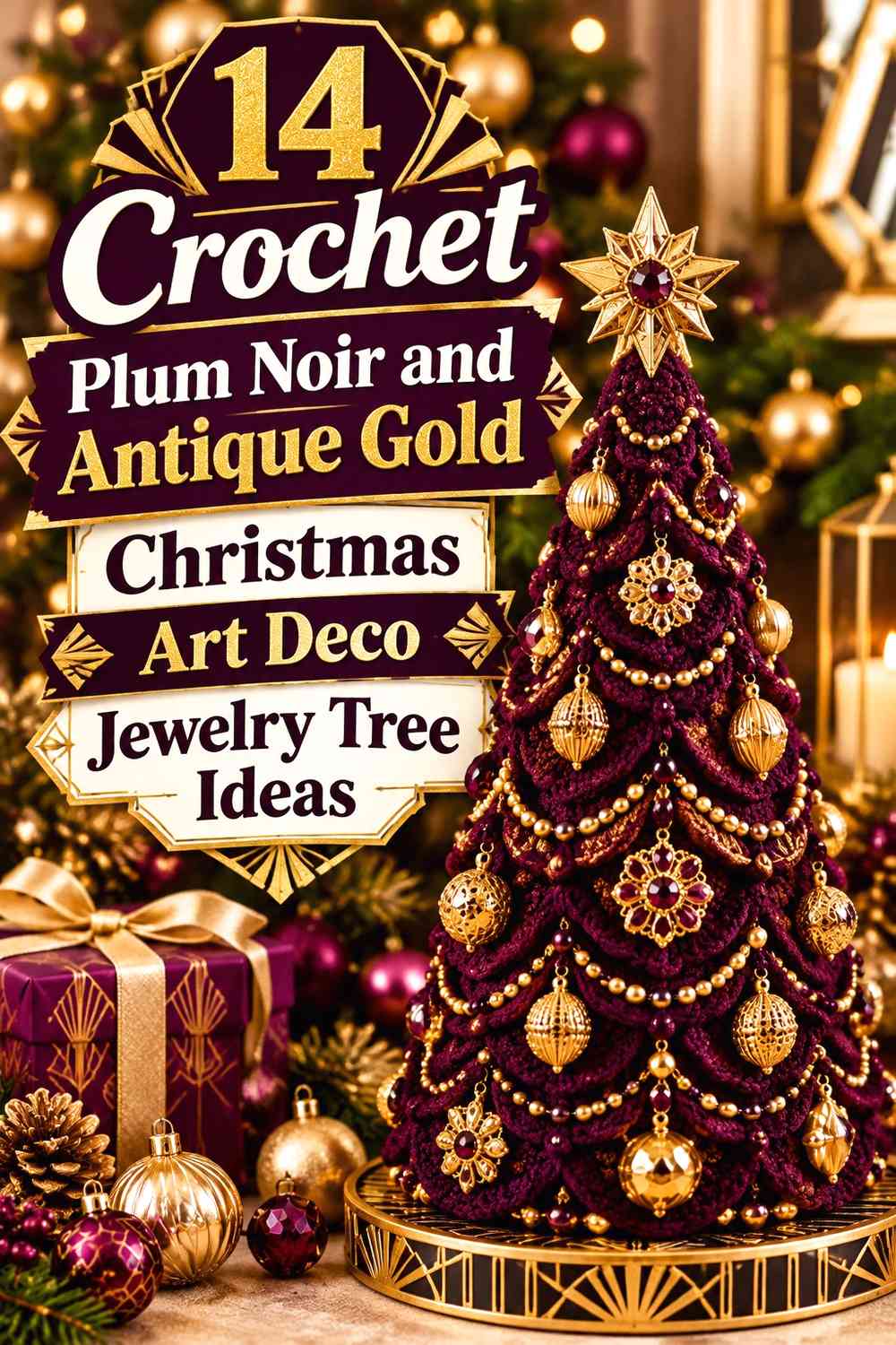 Crochet Plum Noir and Antique Gold Christmas Art Deco Jewelry Tree Ideas