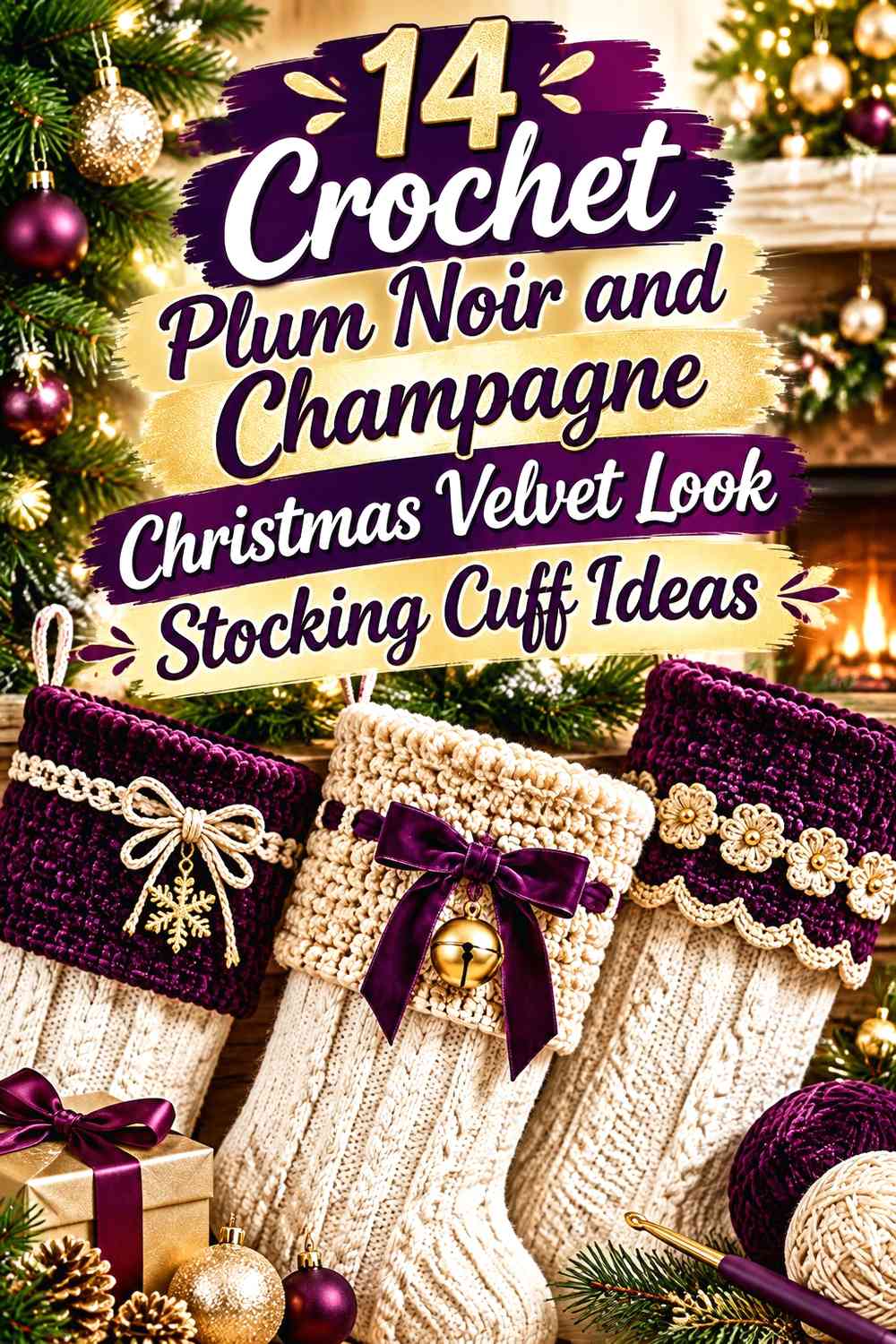 Crochet Plum Noir and Champagne Christmas Velvet Look Stocking Cuff Ideas