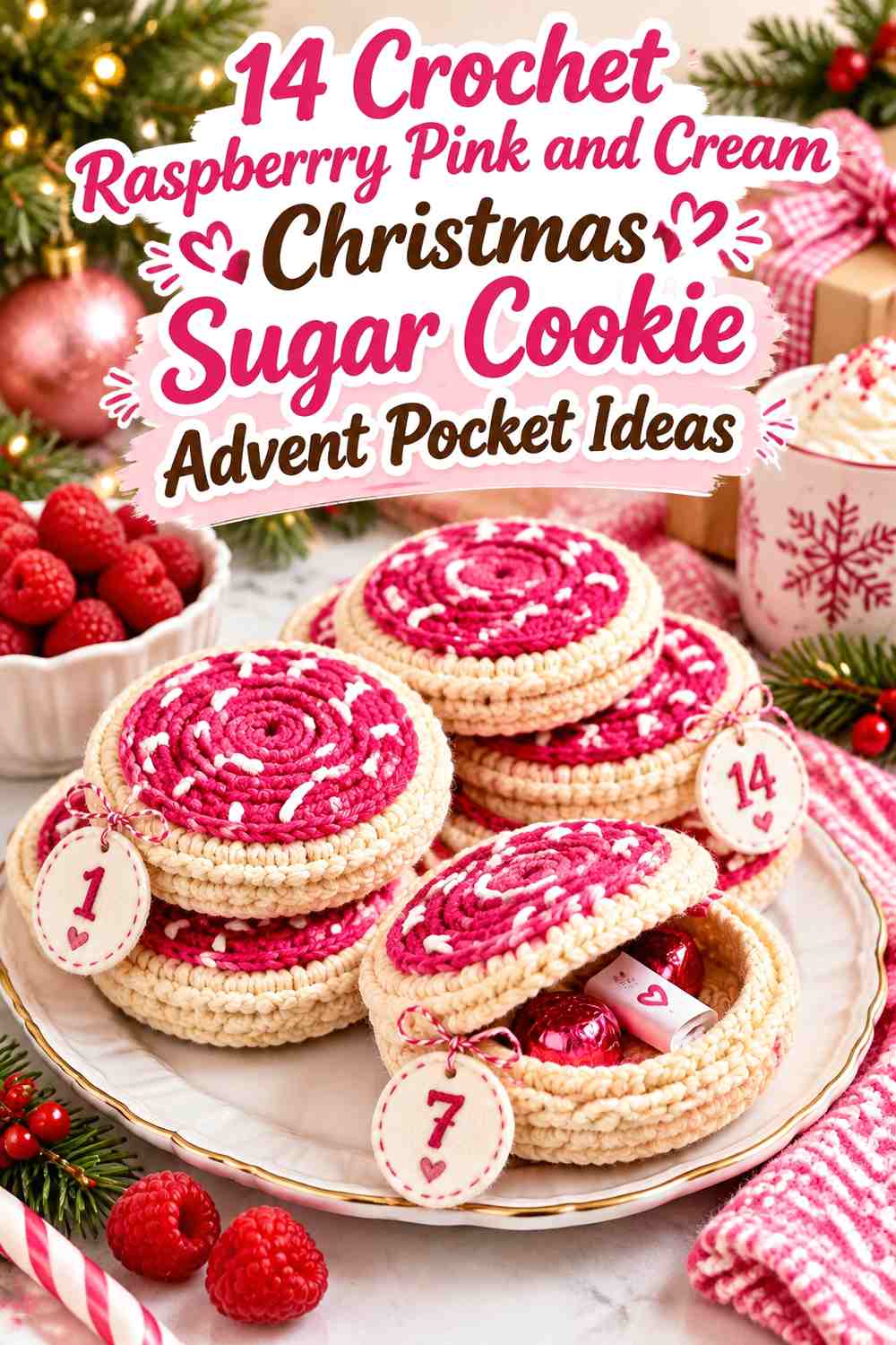 Crochet Raspberry Pink and Cream Christmas Sugar Cookie Advent Pocket Ideas