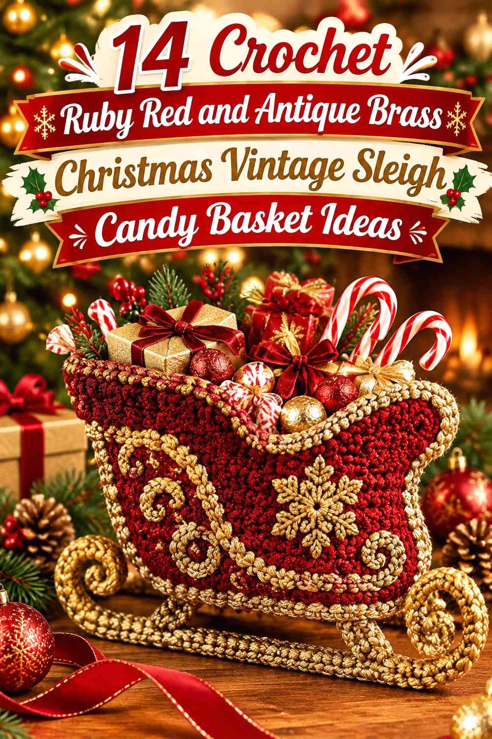 Crochet Ruby Red and Antique Brass Christmas Vintage Sleigh Candy Basket Ideas