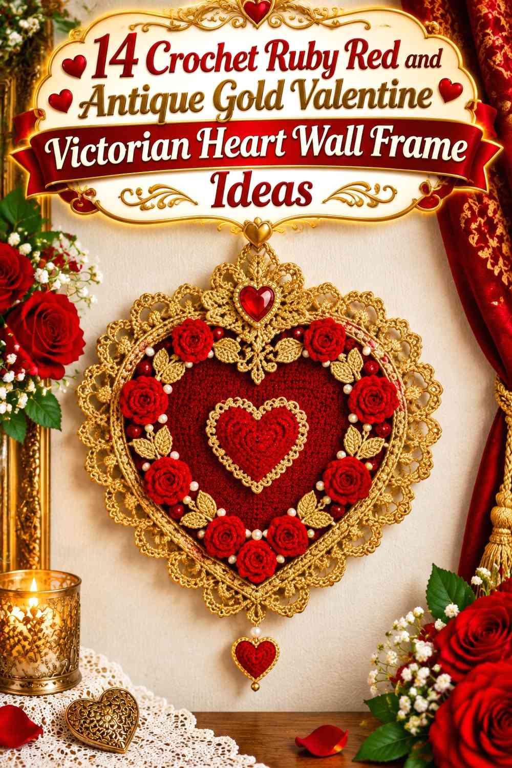 Crochet Ruby Red and Antique Gold Valentine Victorian Heart Wall Frame Ideas