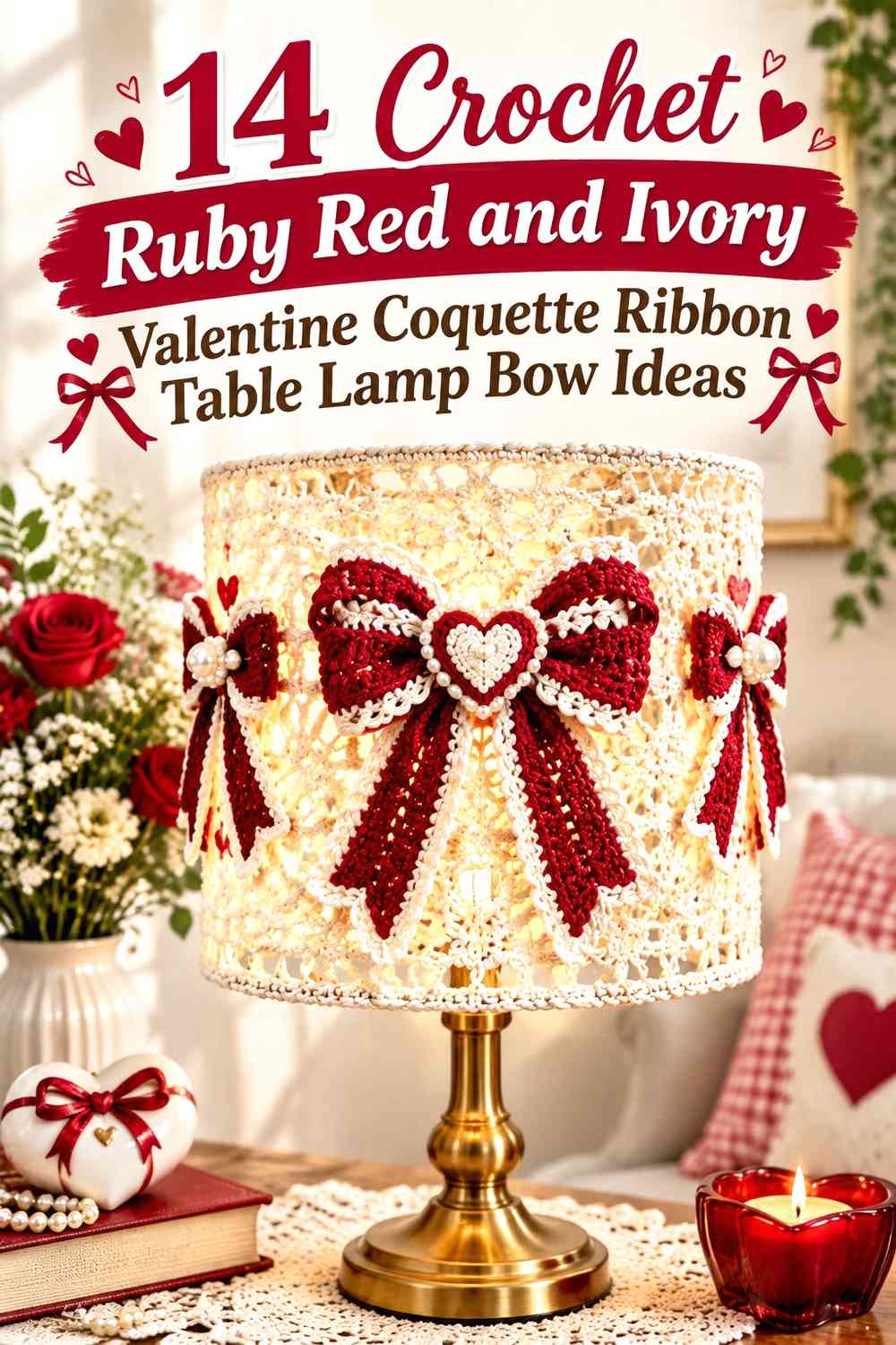 Crochet Ruby Red and Ivory Valentine Coquette Ribbon Table Lamp Bow Ideas
