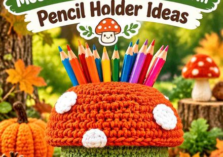 Crochet Rust Orange and Moss Green Fall Mushroom Pencil Holder Ideas