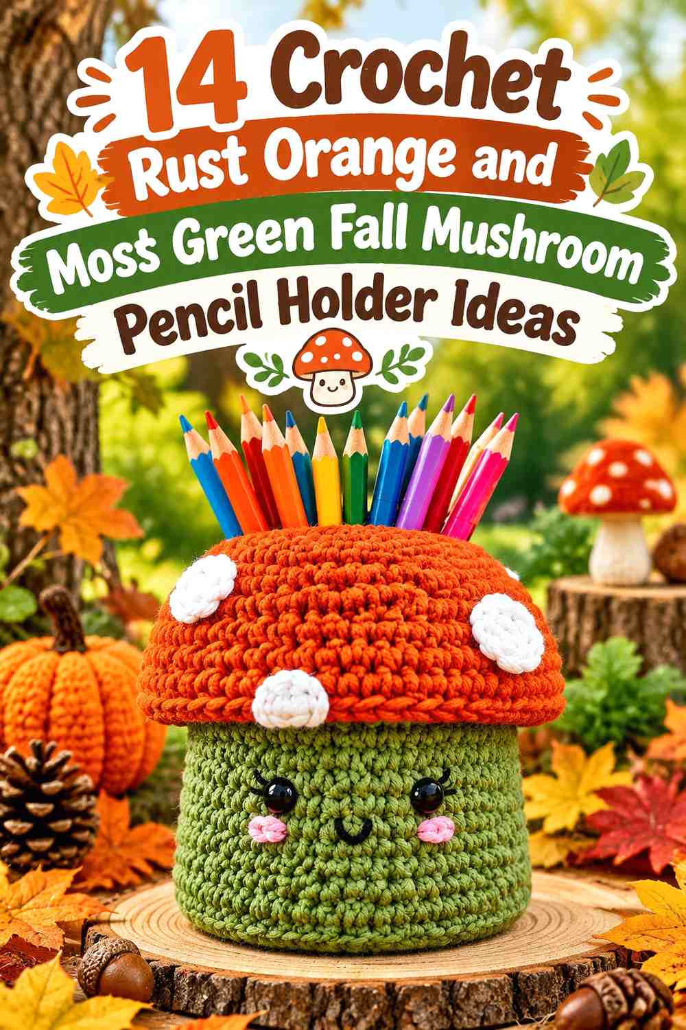 Crochet Rust Orange and Moss Green Fall Mushroom Pencil Holder Ideas