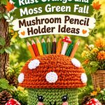 Crochet Rust Orange and Moss Green Fall Mushroom Pencil Holder Ideas
