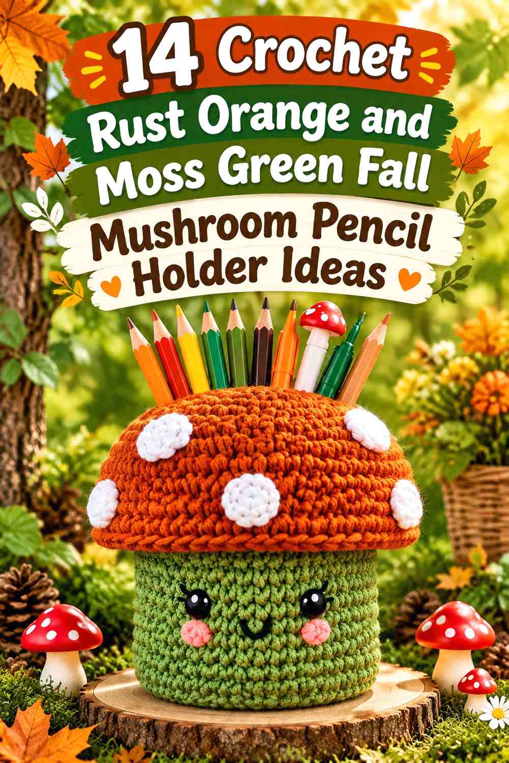 Crochet Rust Orange and Moss Green Fall Mushroom Pencil Holder Ideas