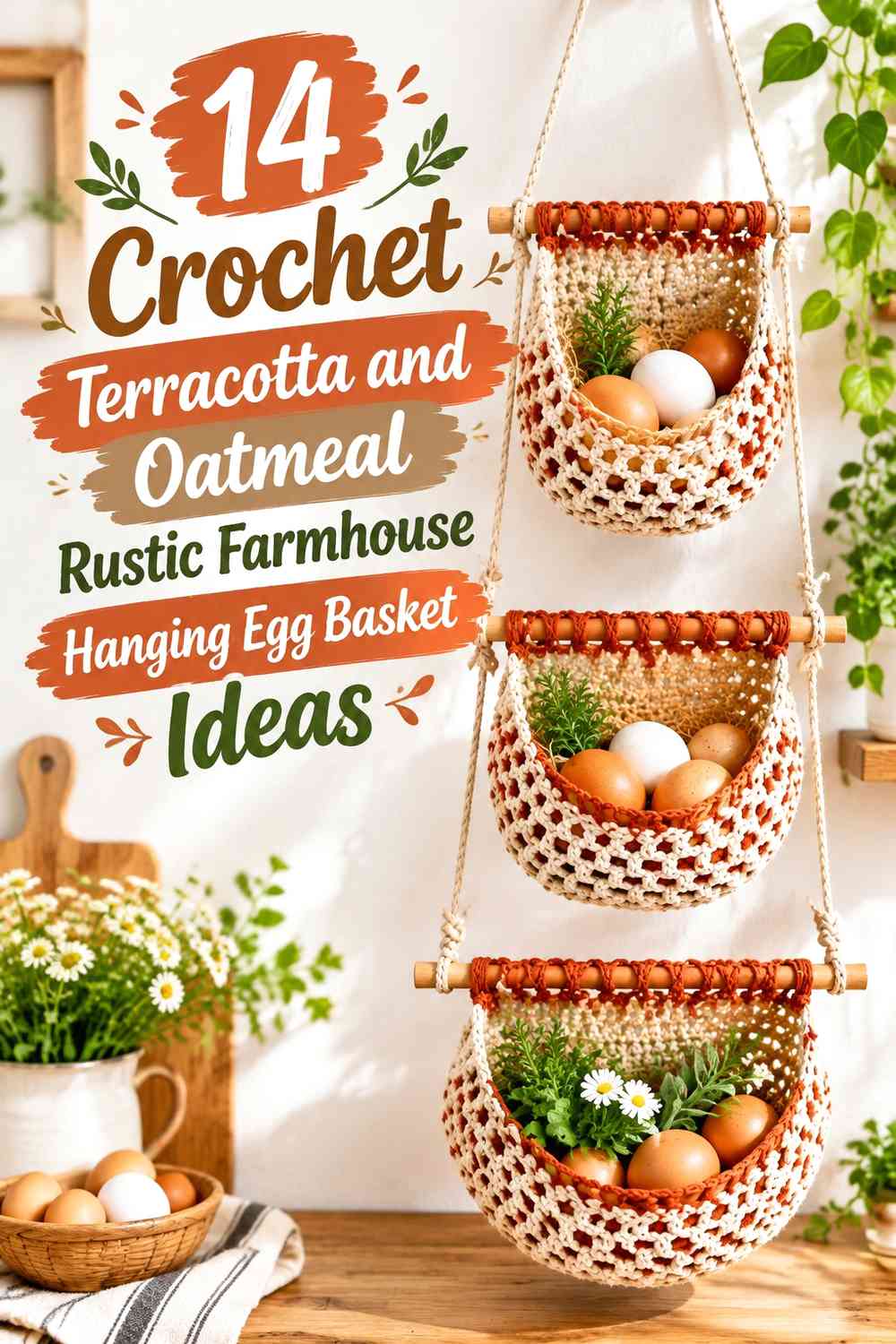 Crochet Terracotta and Oatmeal Rustic Farmhouse Hanging Egg Basket Ideas