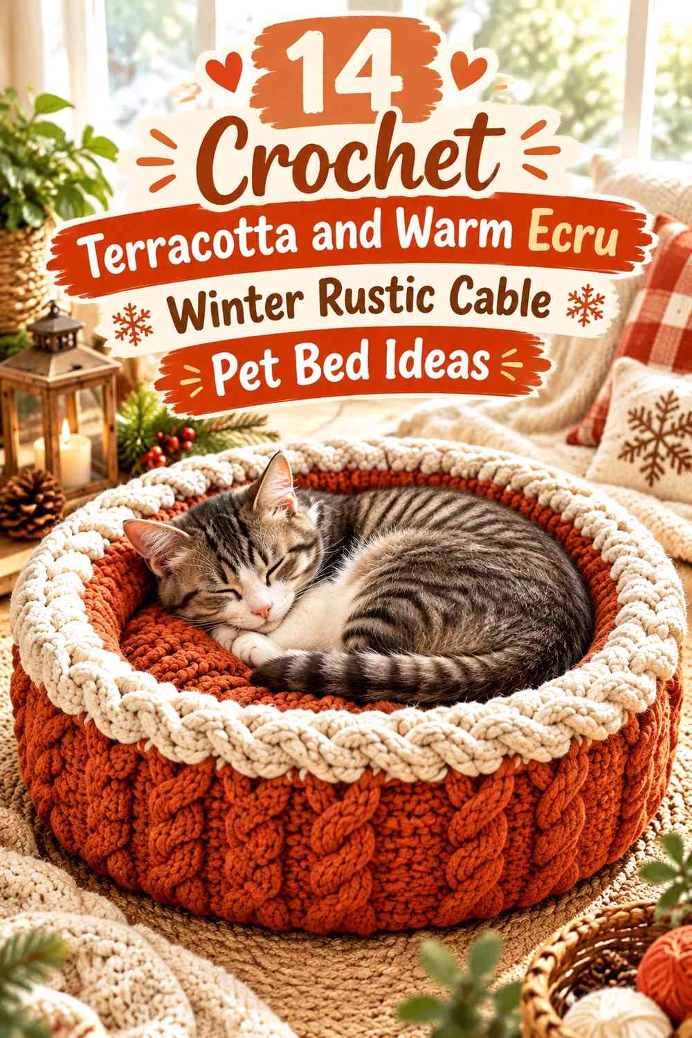 Crochet Terracotta and Warm Ecru Winter Rustic Cable Pet Bed Ideas