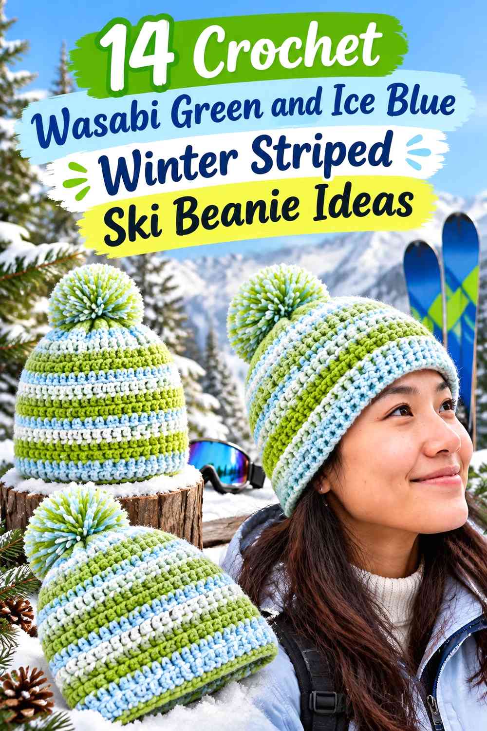 Crochet Wasabi Green and Ice Blue Winter Striped Ski Beanie Ideas