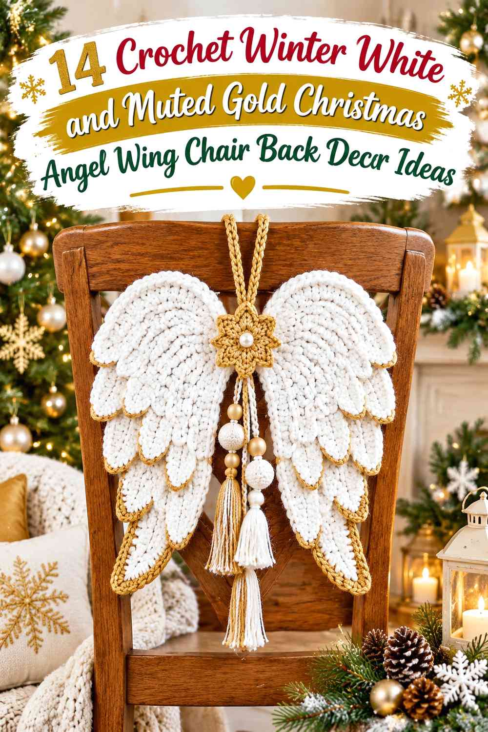 Crochet Winter White and Muted Gold Christmas Angel Wing Chair Back Decor Ideas