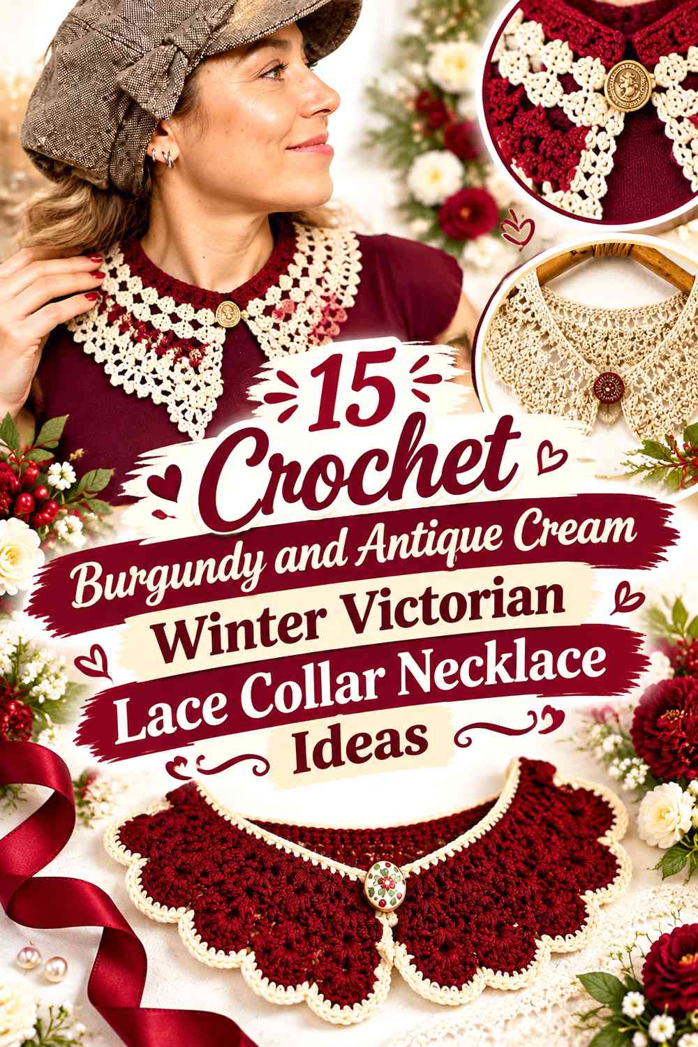 Crochet Burgundy and Antique Cream Winter Victorian Lace Collar Necklace Ideas