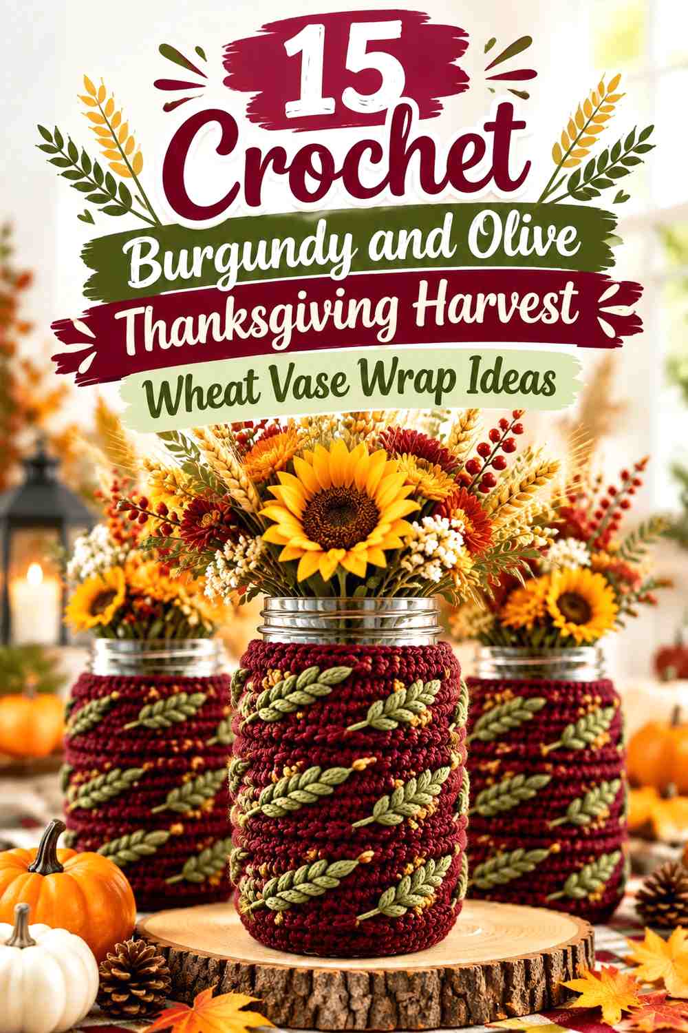 Crochet Burgundy and Olive Thanksgiving Harvest Wheat Vase Wrap Ideas