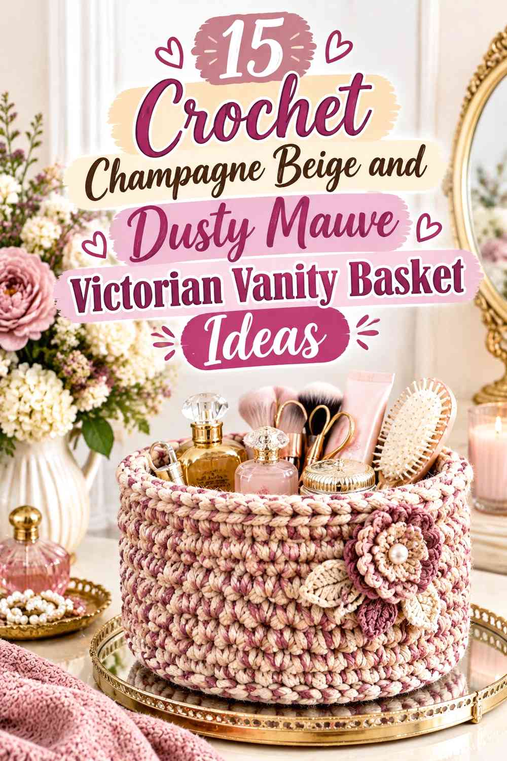 Crochet Champagne Beige and Dusty Mauve Victorian Vanity Basket Ideas