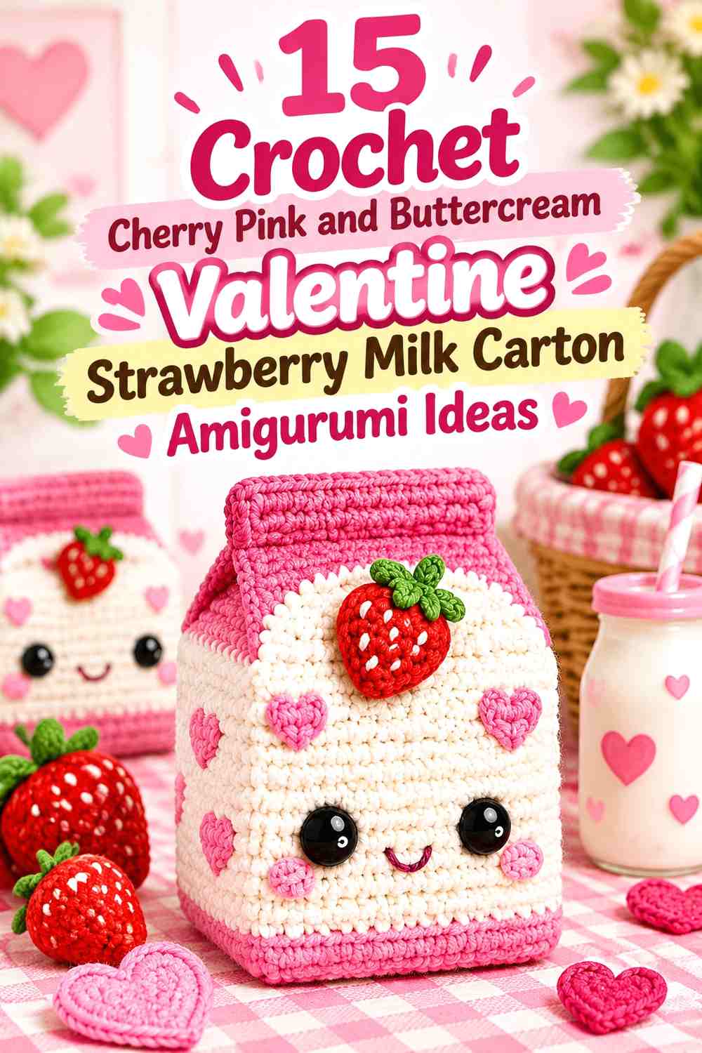 Crochet Cherry Pink and Buttercream Valentine Strawberry Milk Carton Amigurumi Ideas