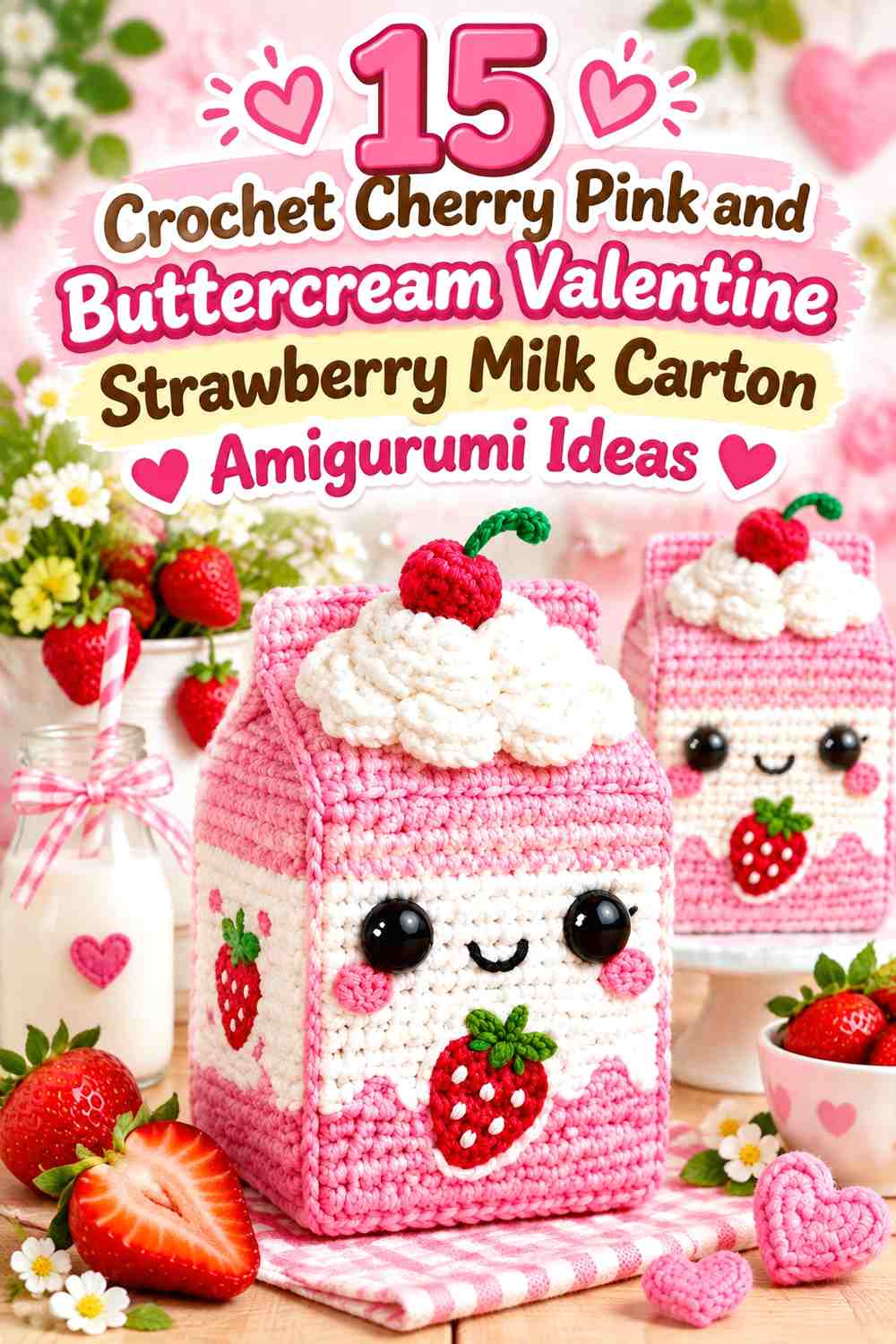 Crochet Cherry Pink and Buttercream Valentine Strawberry Milk Carton Amigurumi Ideas
