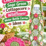Crochet Cherry Pink and Sage Green Cottagecore Wildflower Water Bottle Carrier Ideas