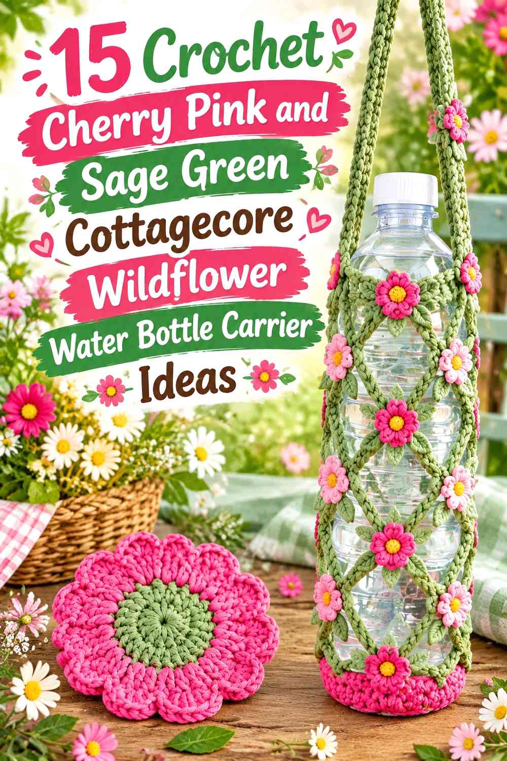 Crochet Cherry Pink and Sage Green Cottagecore Wildflower Water Bottle Carrier Ideas