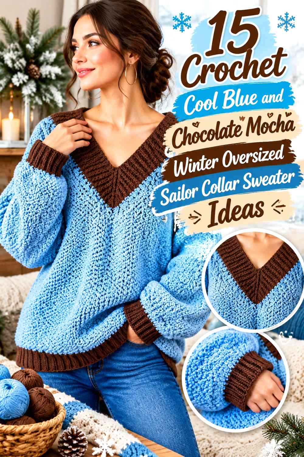 Crochet Cool Blue and Chocolate Mocha Winter Oversized Sailor Collar Sweater Ideas