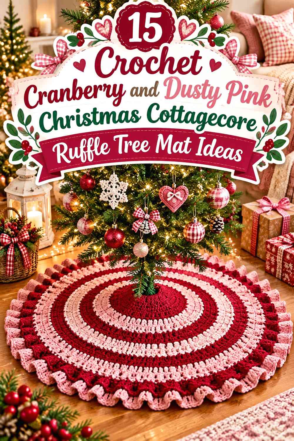 Crochet Cranberry and Dusty Pink Christmas Cottagecore Ruffle Tree Mat Ideas