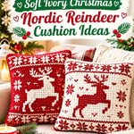 Crochet Cranberry and Soft Ivory Christmas Nordic Reindeer Cushion Ideas