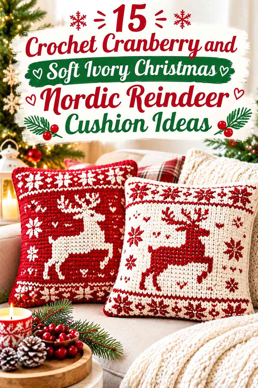 Crochet Cranberry and Soft Ivory Christmas Nordic Reindeer Cushion Ideas