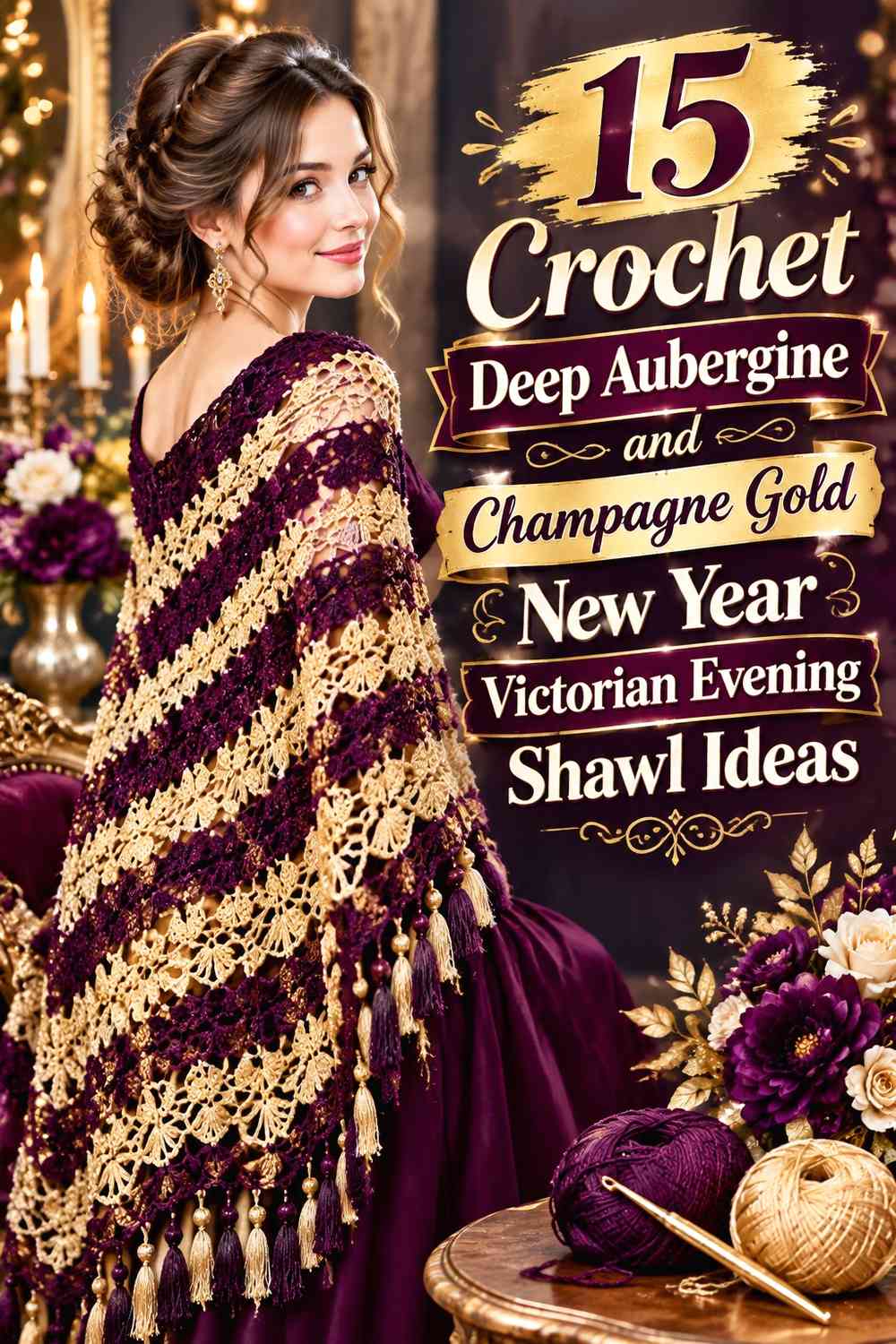Crochet Deep Aubergine and Champagne Gold New Year Victorian Evening Shawl Ideas
