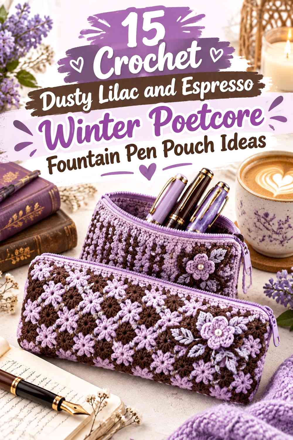 Crochet Dusty Lilac and Espresso Winter Poetcore Fountain Pen Pouch Ideas