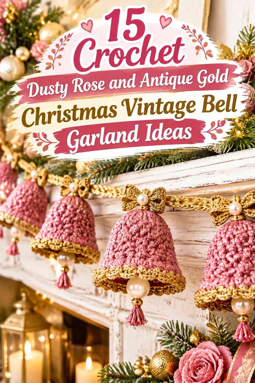 Crochet Dusty Rose and Antique Gold Christmas Vintage Bell Garland Ideas
