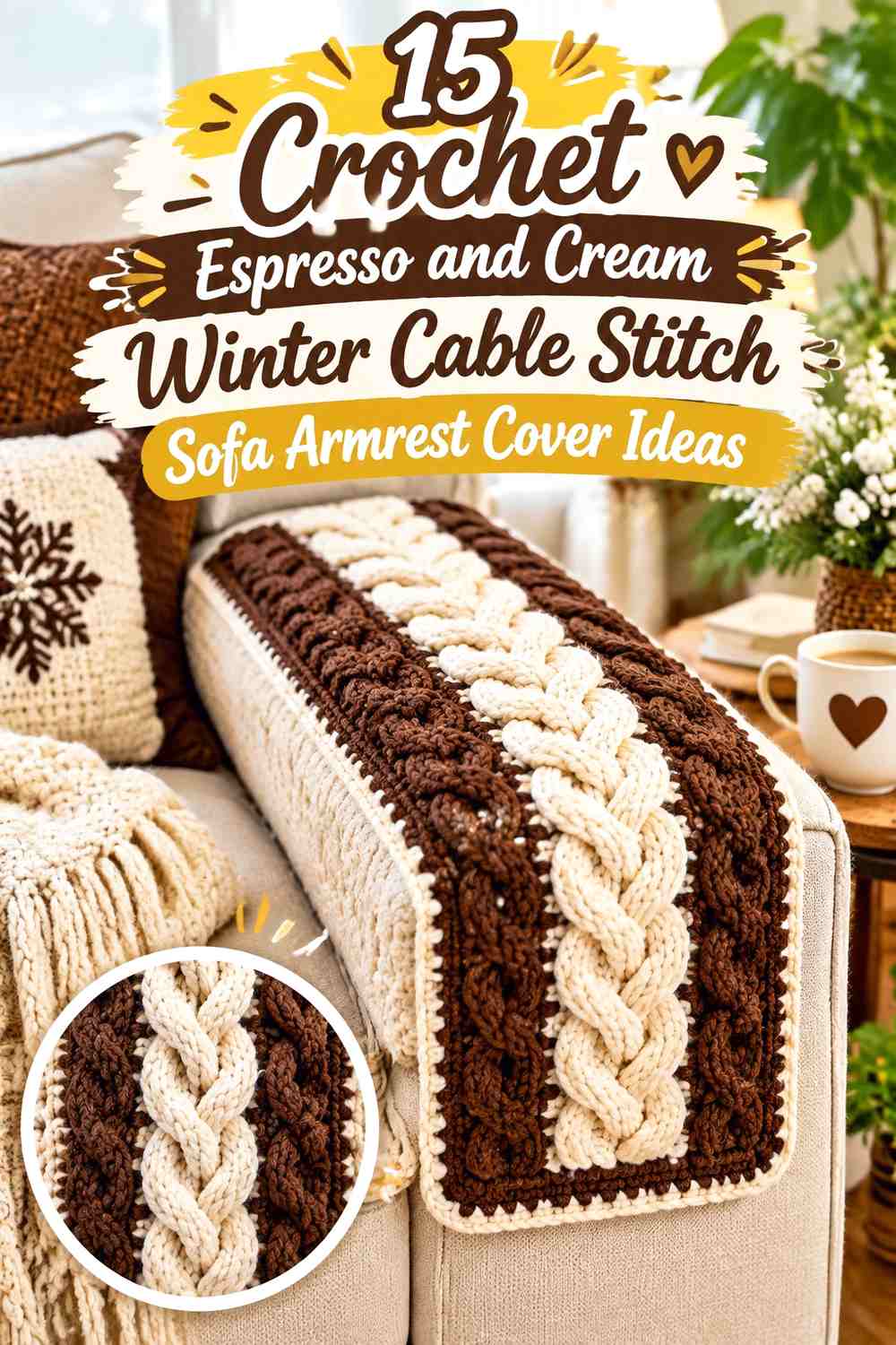 Crochet Espresso and Cream Winter Cable Stitch Sofa Armrest Cover Ideas