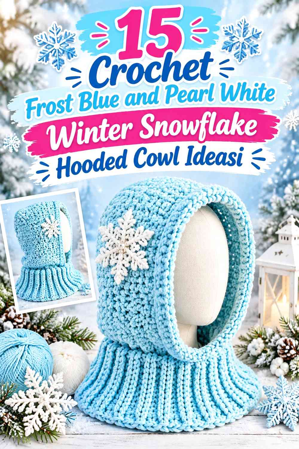 Crochet Frost Blue and Pearl White Winter Snowflake Hooded Cowl Ideasi