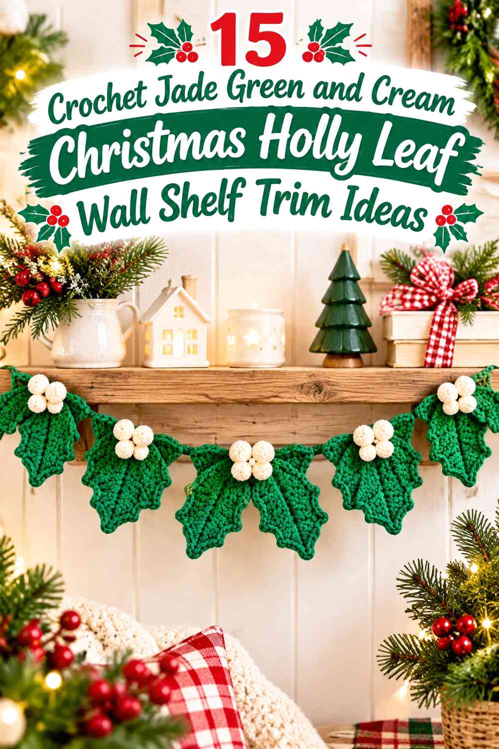 Crochet Jade Green and Cream Christmas Holly Leaf Wall Shelf Trim Ideas