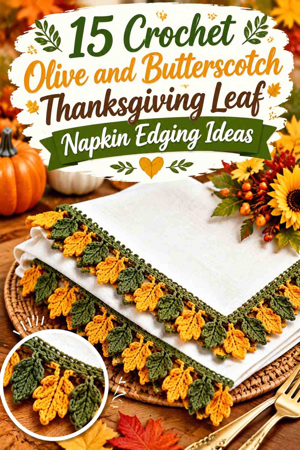 Butterscotch Scallop and Olive Corner Leaf Crochet Napkin Edging