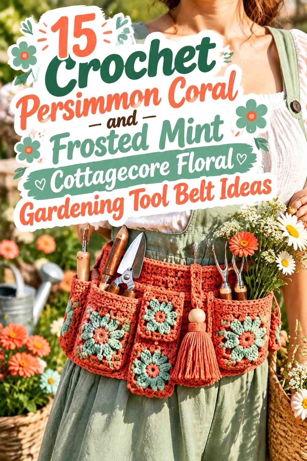 Crochet Persimmon Coral and Frosted Mint Cottagecore Floral Gardening Tool Belt Ideas