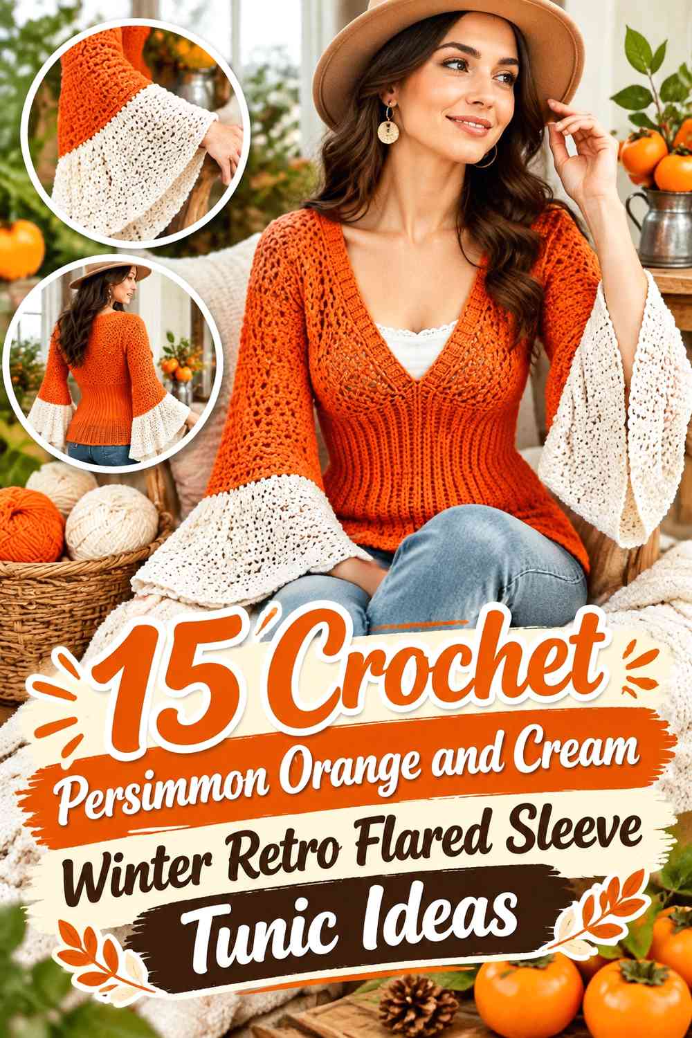 Crochet Persimmon Orange and Cream Winter Retro Flared Sleeve Tunic Ideas