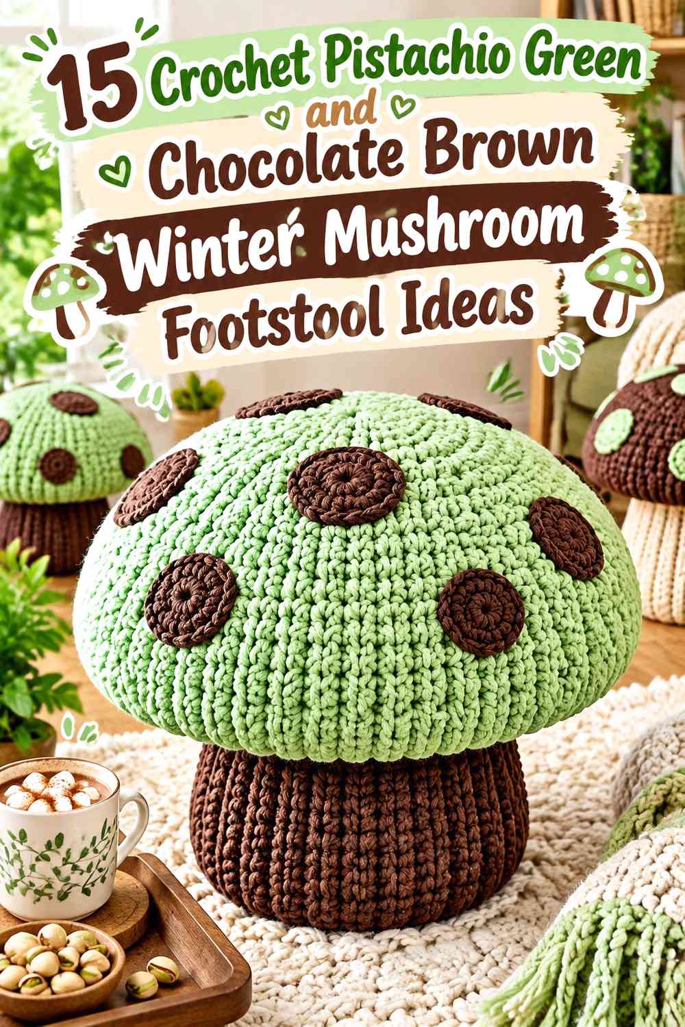 Crochet Pistachio Green and Chocolate Brown Winter Mushroom Footstool Ideas