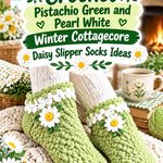 Crochet Pistachio Green and Pearl White Winter Cottagecore Daisy Slipper Socks Ideas