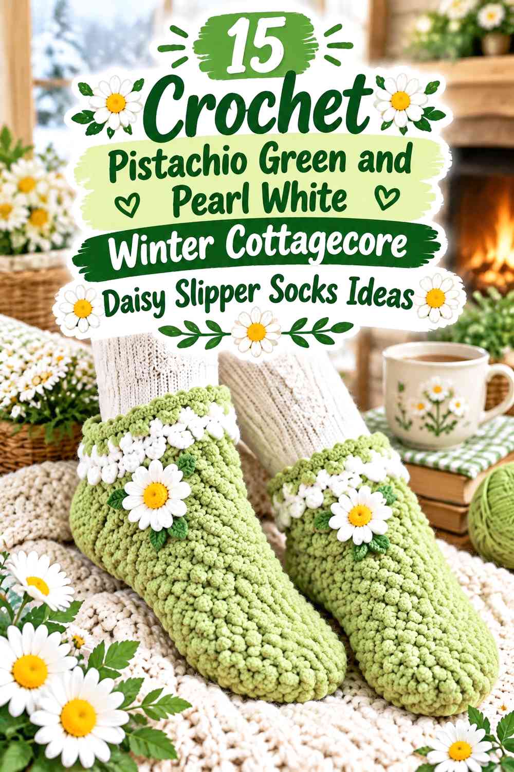 Crochet Pistachio Green and Pearl White Winter Cottagecore Daisy Slipper Socks Ideas