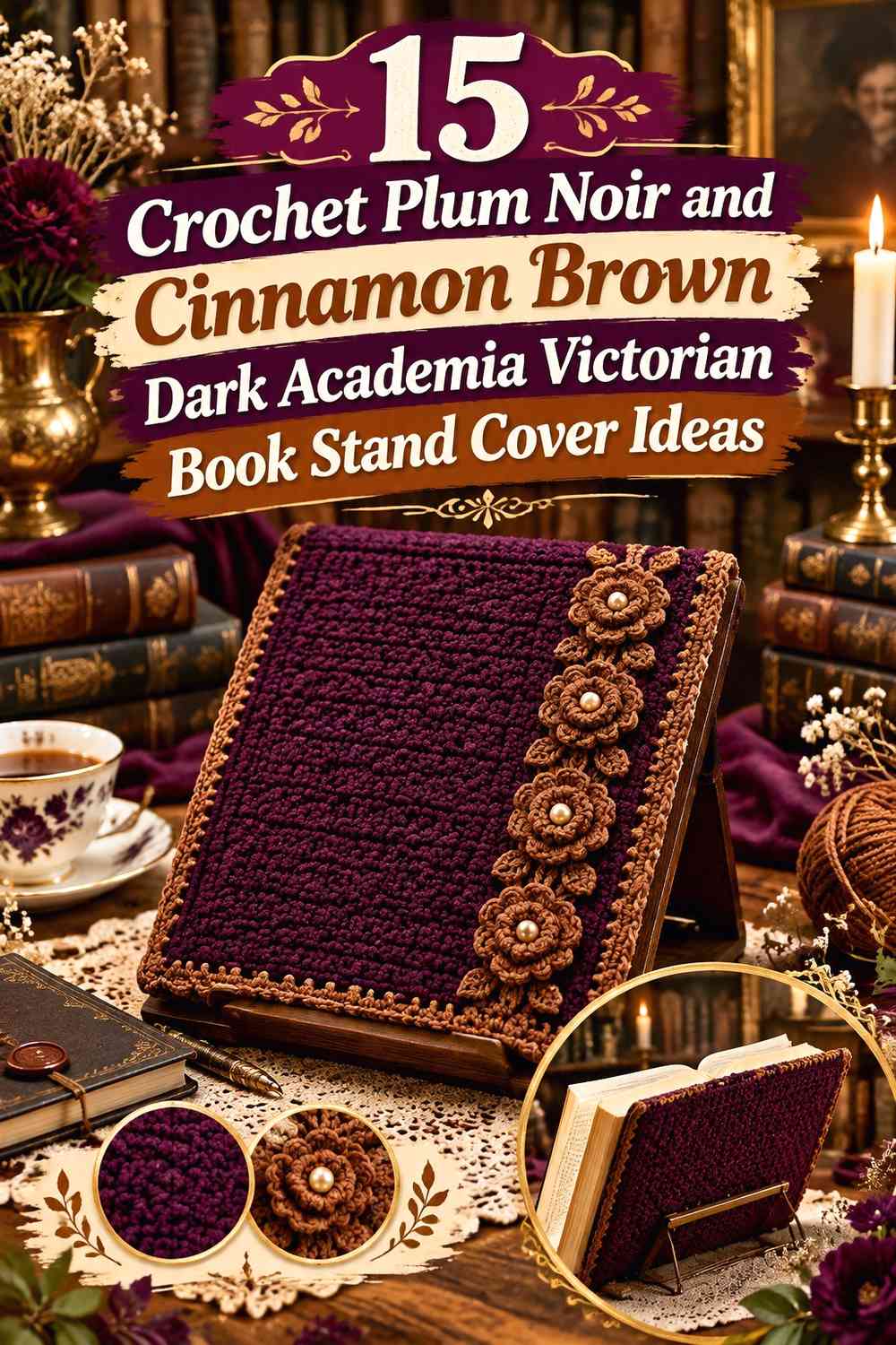 Crochet Plum Noir and Cinnamon Brown Dark Academia Victorian Book Stand Cover Ideas