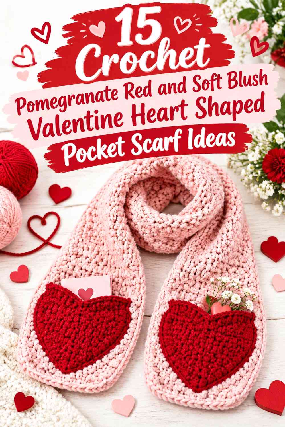 Crochet Pomegranate Red and Soft Blush Valentine Heart Shaped Pocket Scarf Ideas